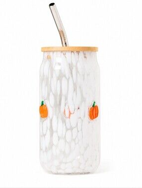 Anthropologie Mystic Confetti Pumpkin Glass Tumbler w/ Bamboo Lid & Straw NWT